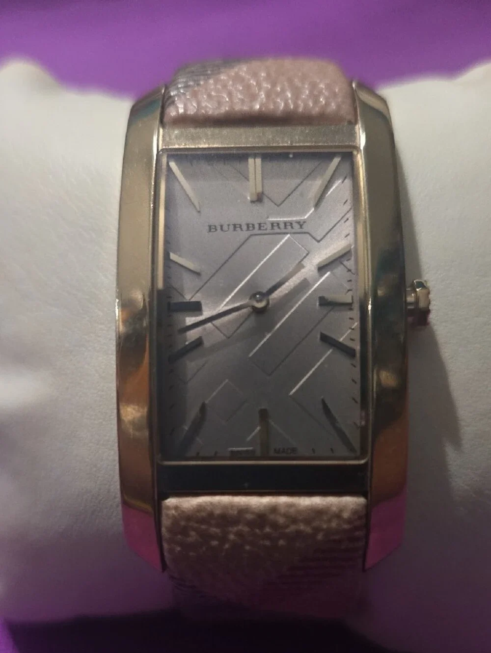 Burberry Beige/Pink Leather Strap Rectangular Silver Dial Watch
